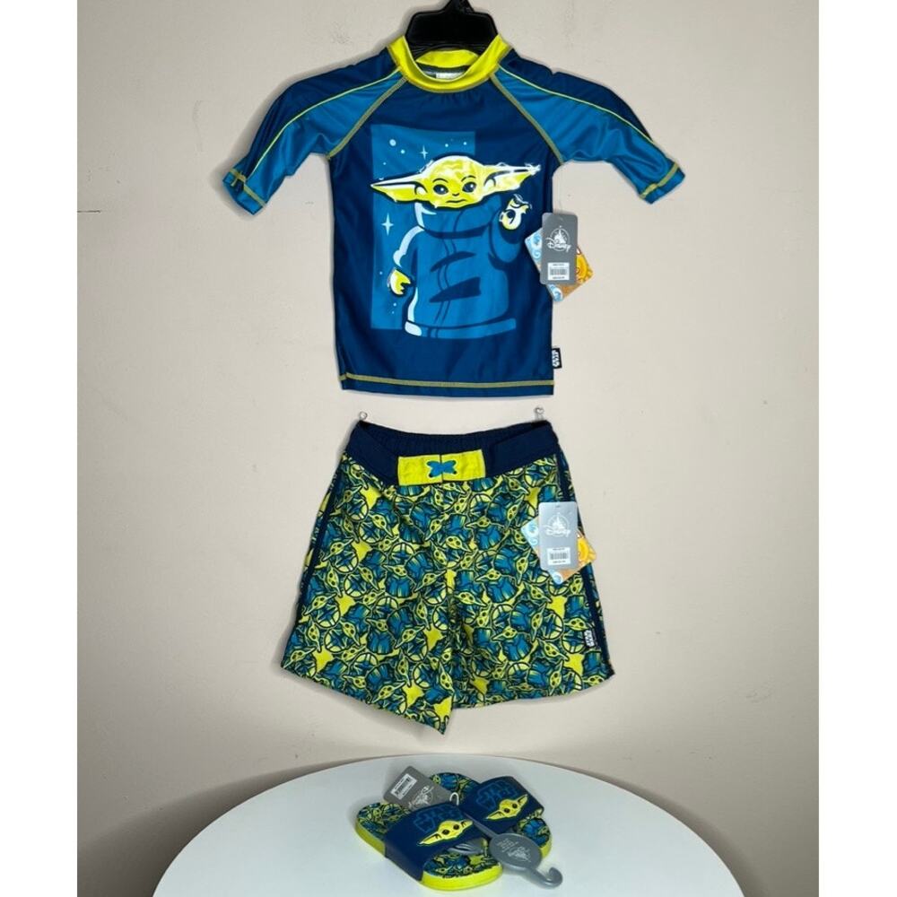 Star Wars Disney Boys Grogu Baby Yoda Rashguard Swim Trunks Slides Set NWT